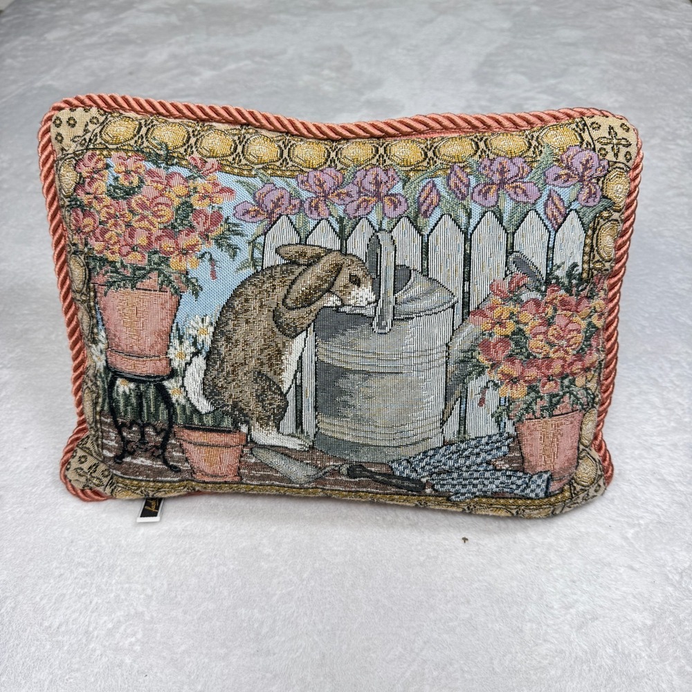Vintage Bunny Rabbit Tapestry Accent Throw Pillows Pink Cord Edge Easter